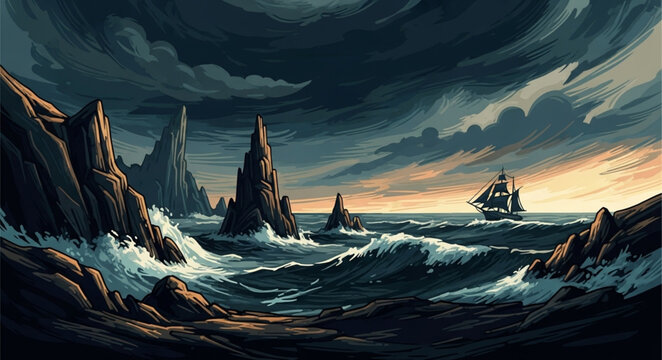 A lone sailing ship navigates a stormy sea near rocky cliffs.