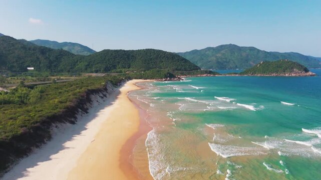 Breathtaking Aerial Drone View of Multicolored Beach with Red and Golden Sand Meeting Turquoise Waves, Dai Lanh, Khanh Hoa, Central Vietnam, Southeast Asia