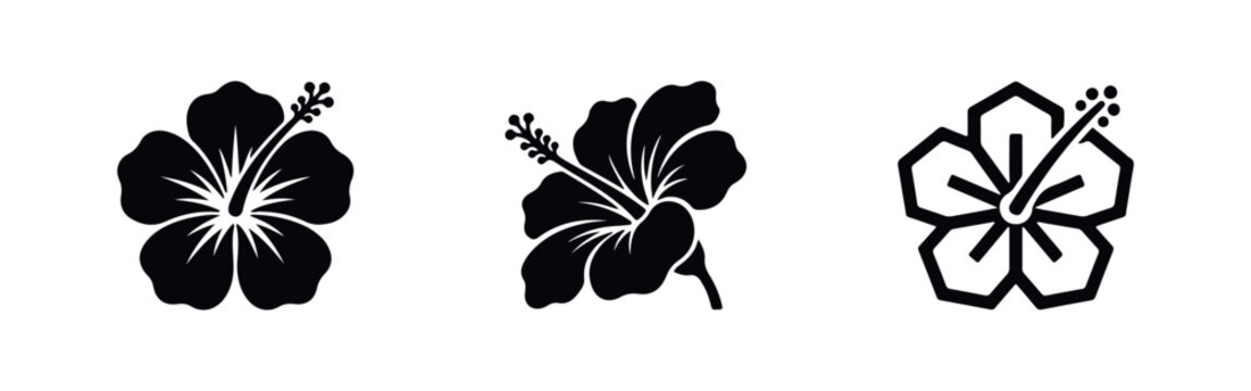Set of black hibiscus flower silhouettes and vector icons