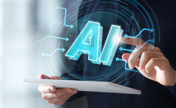 AI automation tool for business processes. AI integration for workflows. Businessman using digital tablet to tap artificial intelligence icon.