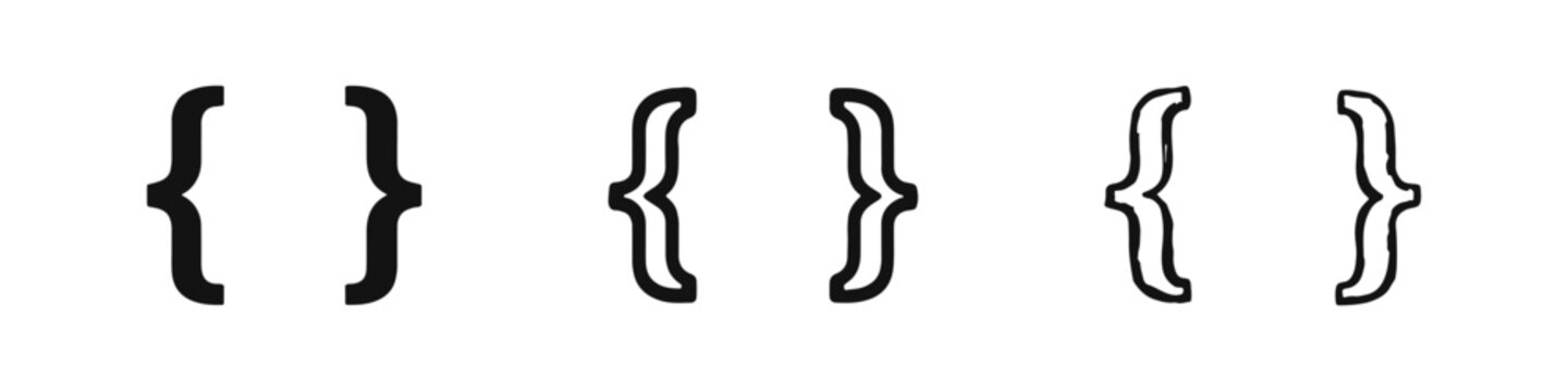 Curly Braces Icon Set in Solid, Outline, and Hand-Drawn Styles for Code and Design.