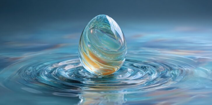 A translucent, iridescent egg-shaped object floats on rippling water