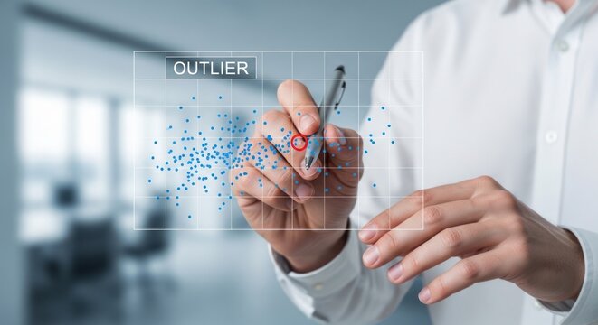 Businessman interacting with digital scatter plot chart identifying outlier data point with red circle, for anomaly detection, quality control, statistical analysis in business