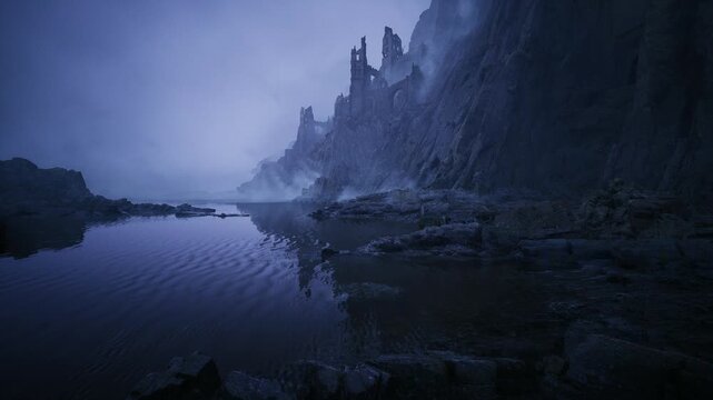 Blue hour coastline with layered cliffs, expansive panorama showing receding rock faces and placid sea, subtle starlight and moon glow, cinematic color grading