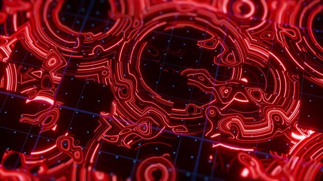 Abstract Red Technology terrain Background with Light Streaks and Futuristic Interface Design. 3D motion Background. 
