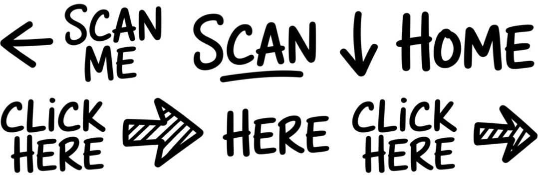 Handwritten call to action phrases with arrows for website buttons and advertisements online