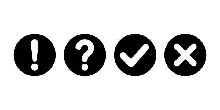 Four black circles with white question mark exclamation and checkmark symbols on white background