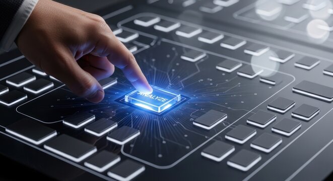 Businessman's finger pressing glowing blue digital analyze button on futuristic control panel, for data processing, business intelligence, strategic decision making, system activation