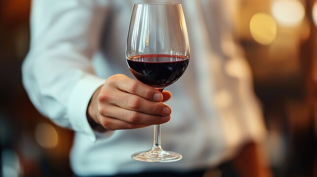 Aussie Wine Month:hands of professional sommelier in crisp white shirt holding wine glass elegantly, swirling deep garnet Grenache against blurred winery background, visible wine legs on glass