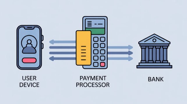 Payment process illustration showing user device interaction with payment processor and bank.