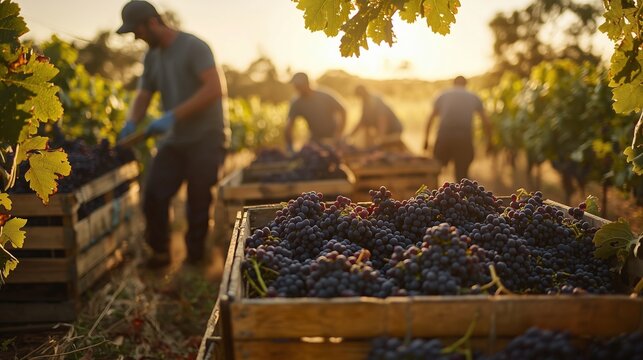 Aussie Wine Month:Australian grape harvest scene, sun-tanned workers picking ripe red grapes in Clare Valley vineyard, wooden crates full of Cabernet Sauvignon clusters