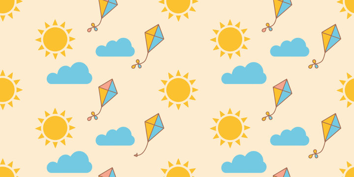 Colorful cartoon kites flying in sunny sky with clouds seamless pattern