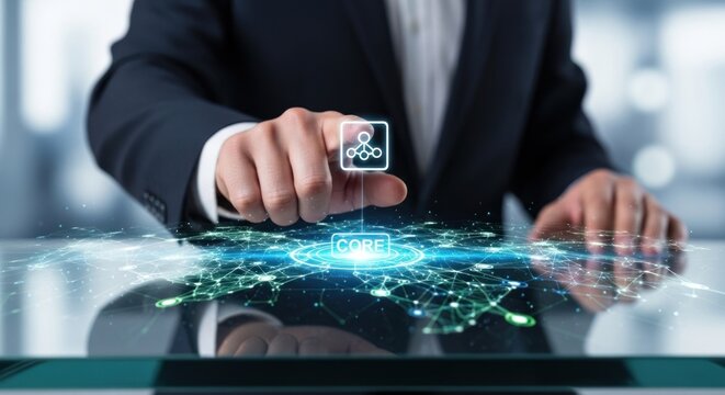 Businessman touching digital interface with glowing core concept icon network connections, for central system access, infrastructure strategy, foundational technology implementation