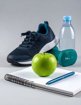 Fitness and Wellness Essentials - Shoe, Apple, Dumbbell, Water, Notebook.