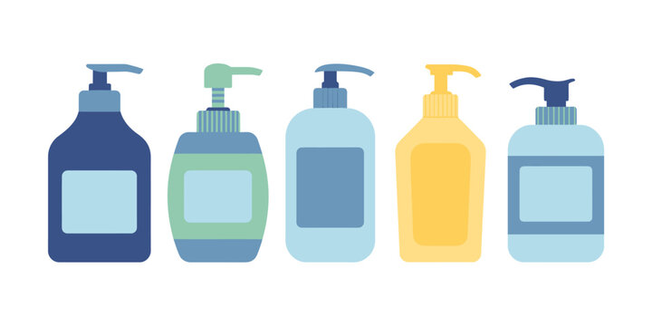 Colorful plastic bottles with pump dispensers on white background  soap  lotion  shampoo