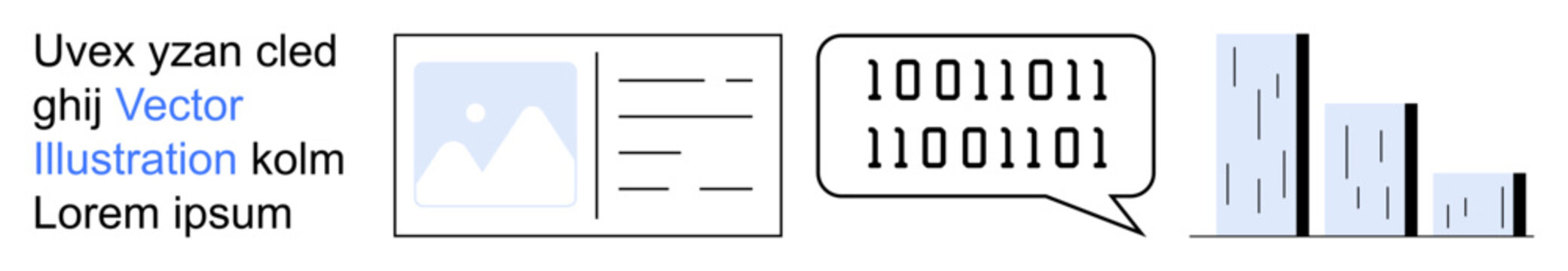 Business strategies, digital marketing, communication tools, data visualization, coding, information systems. Diagram of speech bubble, bar chart and ID card layout. Data visualization