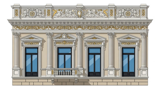 Ornate Building Facade with Classical Architectural Details and Windows.
