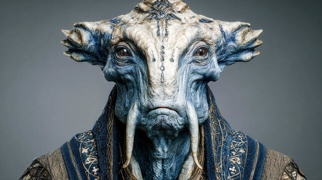 Photorealistic portrait of an old alien in white and cream tones, with a wise face. sci-fi horror fantasy concept