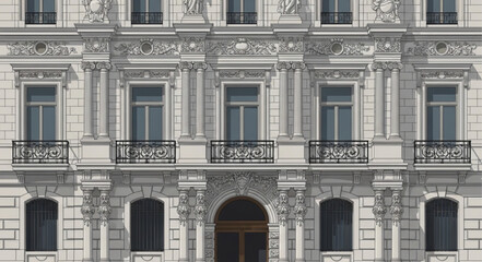 Ornate building facade with detailed architectural elements and windows. © izas