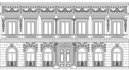 Detailed architectural drawing of a classical building facade. © izas