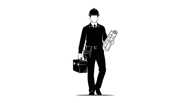 Silhouette of a construction worker holding tools and a toolbox.