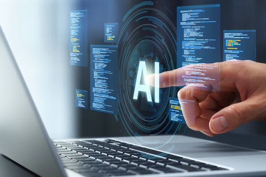 AI code generation and analysis. Software debugging and automated code review. Businessman touching generative AI coding and source code icons on laptop computer keyboard.