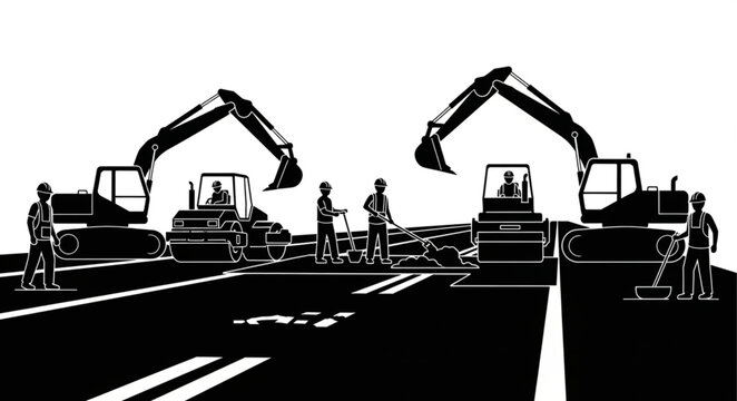 Construction workers and heavy machinery on road construction site.