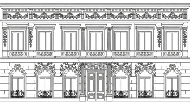 Detailed architectural drawing of a classical building facade.