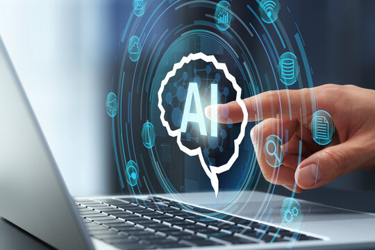 AI for intelligent process automation. Efficient management solution for business processes and workflows. Businessman touching AI icon on laptop keyboard.