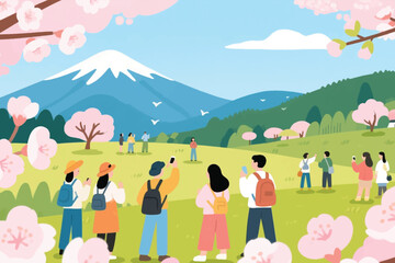 Fototapeta premium People Enjoy the Natural Beauty of the Cherry Blossom Garden Illustration Creative Design Template Background