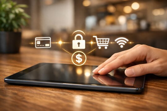 E-commerce and Security: A hand interacts with a tablet displaying digital icons of online shopping, representing secure transactions and the convenience of modern e-commerce. 