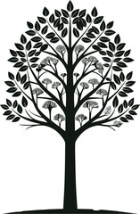Obraz premium Black silhouette tree with flowers and leaves on white background