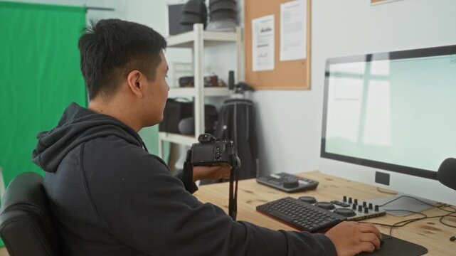Man photographer holding camera with hand on mouse at desk in studio with monitor and gear, looking at screen; concentration workflow.