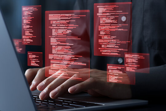 Hackers exploit vulnerabilities in source code to launch cyberattacks. Hacking and cybercrime concept.