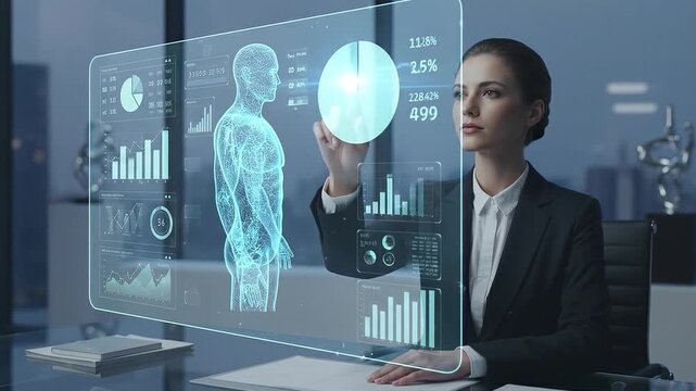 Professional woman analyzing a holographic 3D human anatomy model and data charts on a transparent digital screen in a modern futuristic office environment.