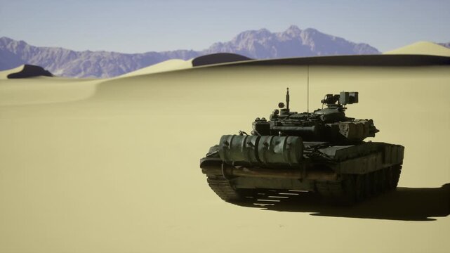Frontline tank parked on dune ridge, heavy turret poised, armament visible, deep shadow contrast, camouflage pattern, taut atmosphere of standby, distant