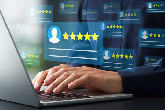 Customer feedback data and satisfaction review analysis to improve customer experience. Businessman using laptop computer for marketing analytics.