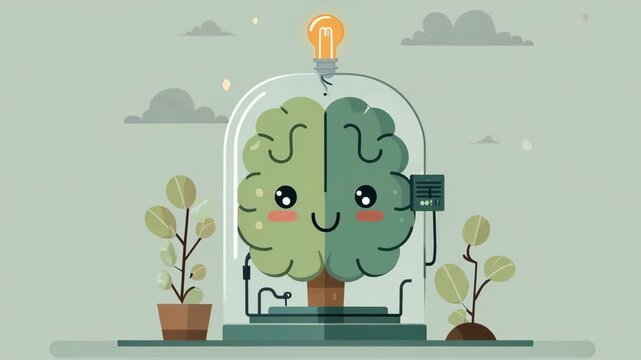 Simple flat illustration of a cute brain in a jar powered by plants, symbolizing natural energy, wellness, and eco-friendly mental health concepts