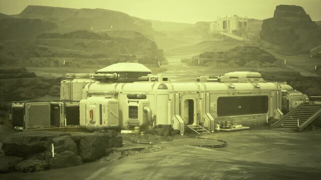 Emergency medical relay amid rocky plain, triage bay, medpod modules, transport drone landing pad, red cross markings, glowing interior lights, life support