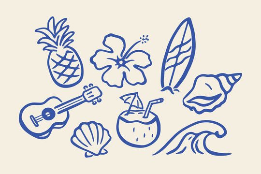 Hawaii tropical doodle icon set hand drawn vector illustration