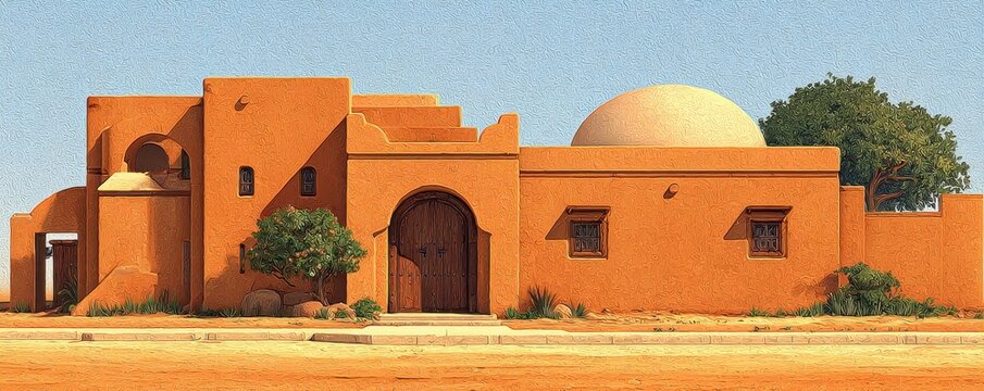 vibrant terracotta building with an arched wooden door  rounded dome and small green trees under  bright sky