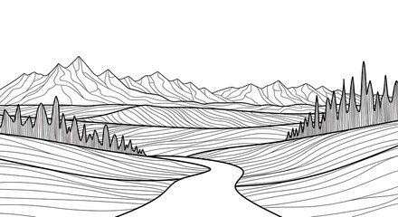 Fototapeta premium Winter Mountain Landscape Sketch with Snowy Trees and River