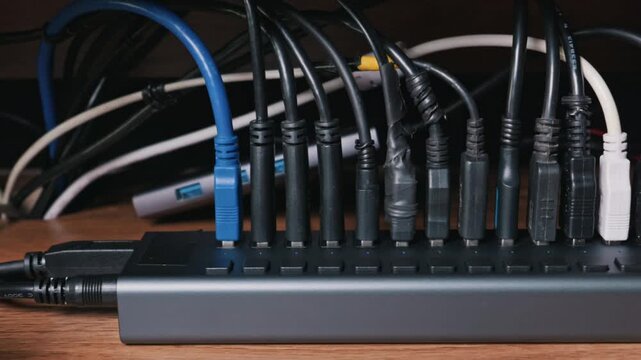Black USB hub with multiple tangled cables plugged in on a wooden desk with a dark background. This visualizes the concept of complex networking and messy workspace connectivity.