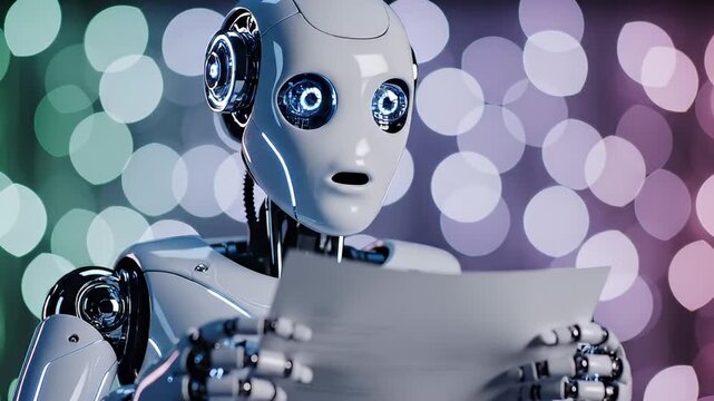 White robot reading document against colorful bokeh lights