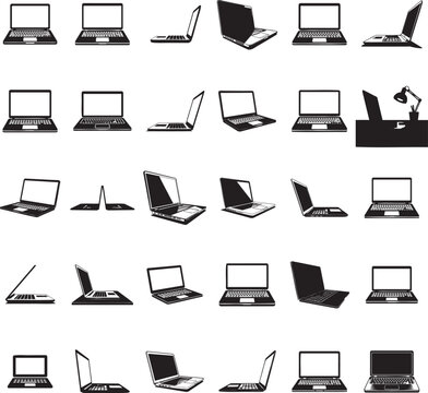 Laptop for work, study, and digital tasks silhouette set