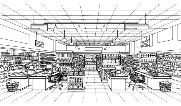 Black and white grocery store interior sketch with supermarket aisles shelves and checkout counters vector illustration