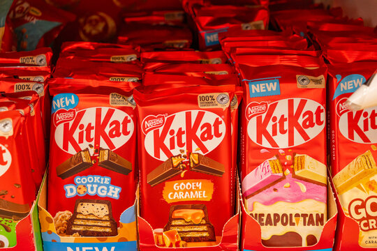 Nagano, Japan-January 18, 2026: Chocolate Kit Kat bars on display in store signifying good luck in Japan.