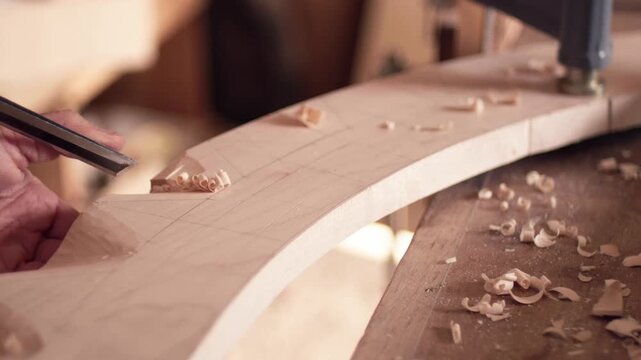 Circular wood carving by female artisan using a sharp chisel in a workshop setting. Slow motion close-up.