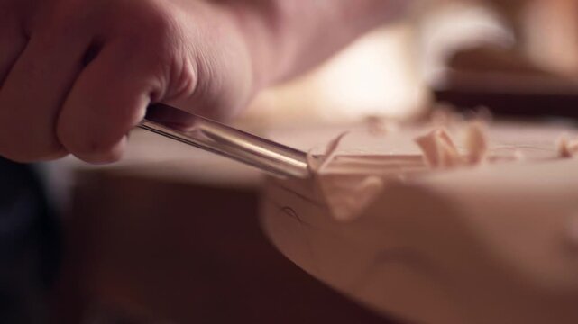 Woman craftsman carving wood manually while shaping a board on a workbench with precision tools. Slow motion shot.