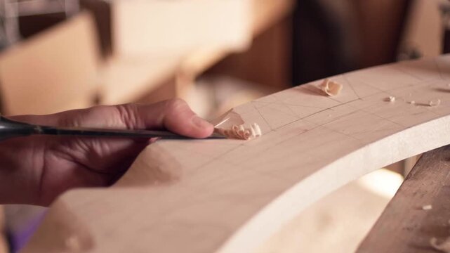 Female carpenter uses a manual chisel to refine the details of a large curved wooden gear or architectural part. Slow motion close-up.